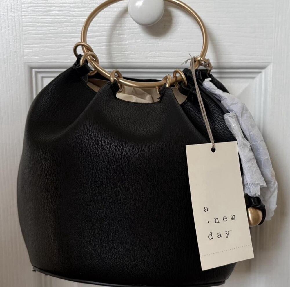 NWT A New Day Black Ring Handle Bucket Handbag Purse Gold Hardware Target